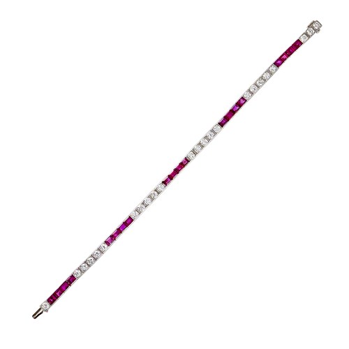 Diamond and ruby line bracelet, alternating groups of four rubies and five diamonds,